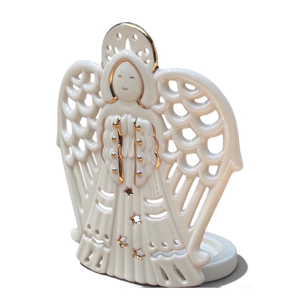 Lenox Angel Votive Candle Holder Pierced Ivory China 24K Gold Trim with Dish